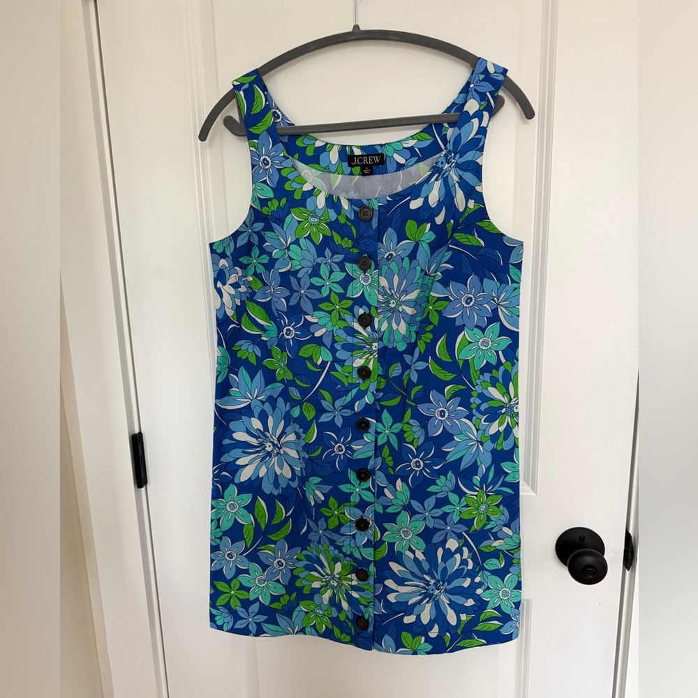 J. Crew Mid Mod Mini Blue and Green Floral Button Down Shift Dress